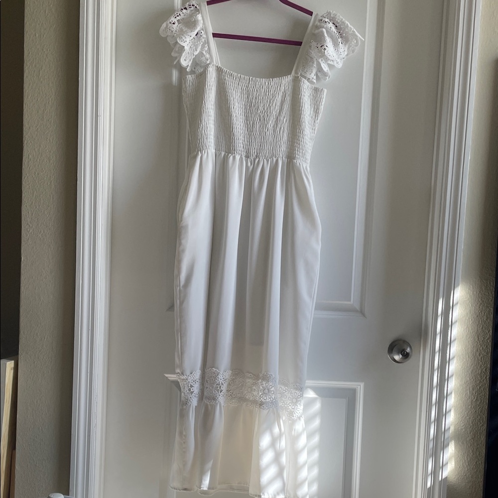 White Maxi Dress with lace, smocked, pockets, flutter sleeve, spring summer - Picture 3 of 16